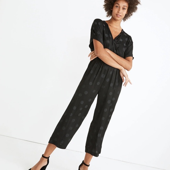 EUC Madewell Black Polka Dot Wrap Front Smock Waist Jumpsuit - Small - Picture 3 of 13